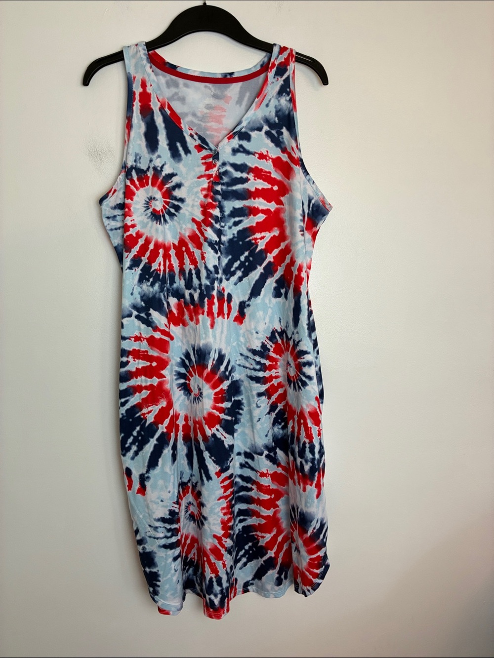 Sleeveless Tie-Dye Spiral Midi Dress in Red, Navy & Light Blue Size XL